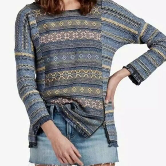 Lucky Brand Sweaters - Lucky Brand Escape Fringe Aztec Tribal Blue Sweater